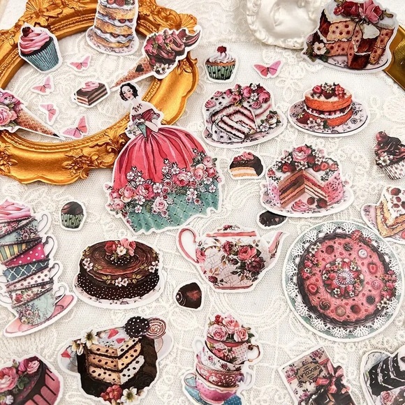 Elegant Tea & Dessert Party, Lady With Full Skirt, Macaroons & More 35 Stickers - Picture 3 of 4